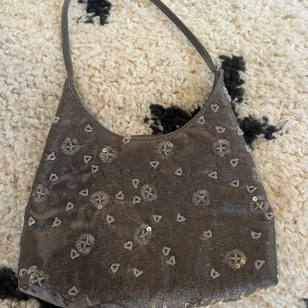 Vintage 1996 Paris Creations Silver Satin Purse with Crystals and Beads
